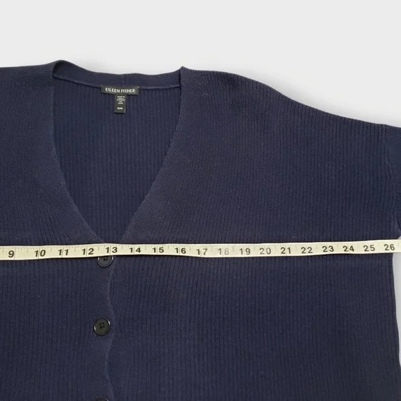 SOLD-Eileen Fisher Organic Cotton Hemp Cardigan Ribbed Boxy Cropped Sz M Navy - Picture 8 of 11